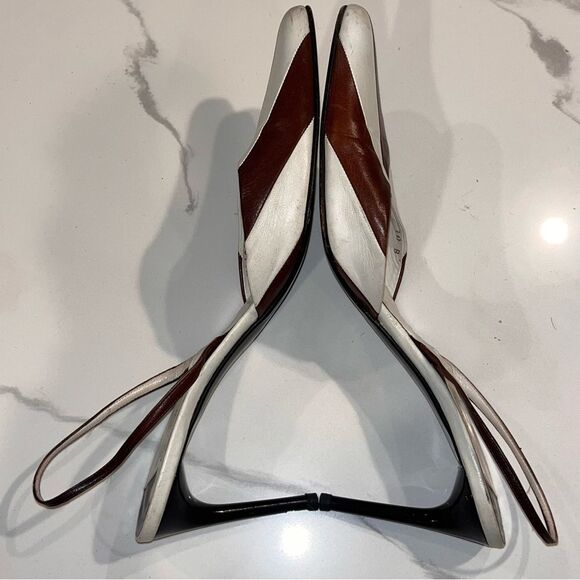 Vintage Ralph Lauren RARE Stripe Brown & White Leather Oxford Slingback Pumps - Picture 9 of 12